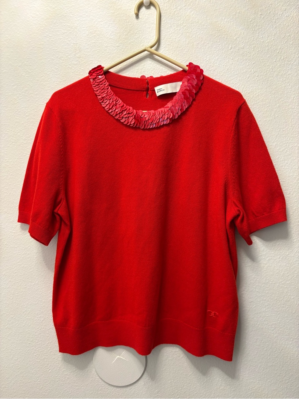 Tory Burch Red Sequin-Trim Short Sleeve Sweater